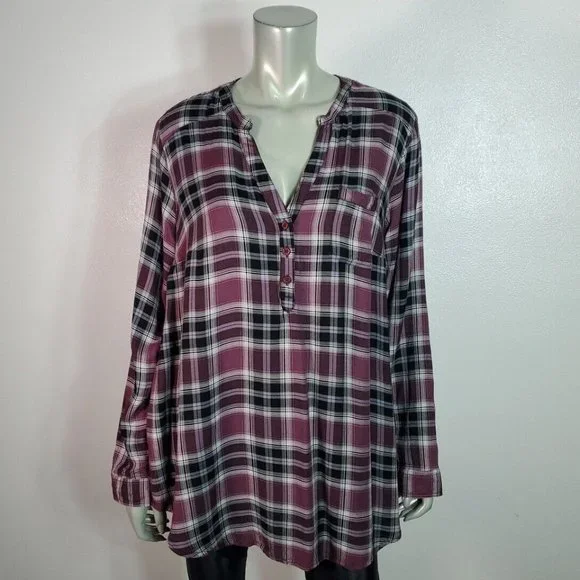 Torrid 1 Twill Henley Tunic Top Plus Size 1X Roll Tab Sleeve Pocket Plaid Purple - Picture 2 of 7